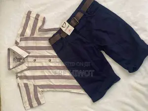 2 Pc Beige Striped Short-Sleeve Shirt Paired With Navy Blue Shorts