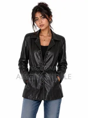 Classic Women's Black Leather Long Jacket