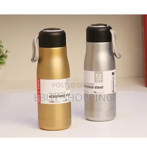 Blue Stainless Steel Thermos With Gray Carrying Loop–Leak-Proof Travel