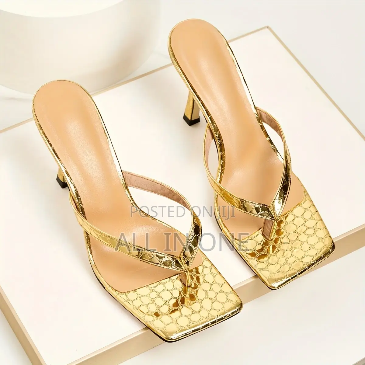 Gold Crocodile-Pattern Stiletto Thong Sandals