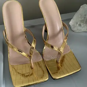Gold Crocodile-Pattern Stiletto Thong Sandals