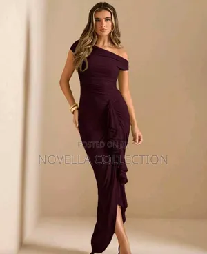 Women's Burgundy Elegant Dining Dress,Asymmetric Draped Neckline,