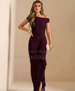 Women's Burgundy Elegant Dining Dress,Asymmetric Draped Neckline,