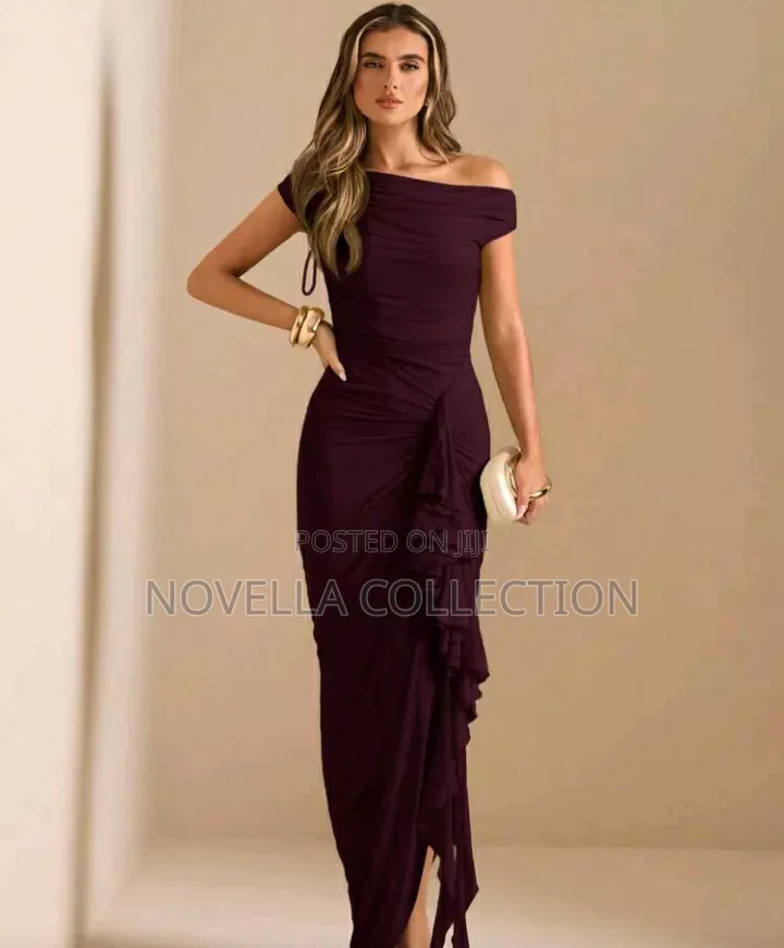 Women's Burgundy Elegant Dining Dress,Asymmetric Draped Neckline,