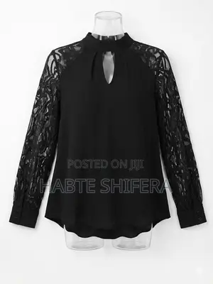 Elegant Black High-Neck Blouse With Lace Sleeves
