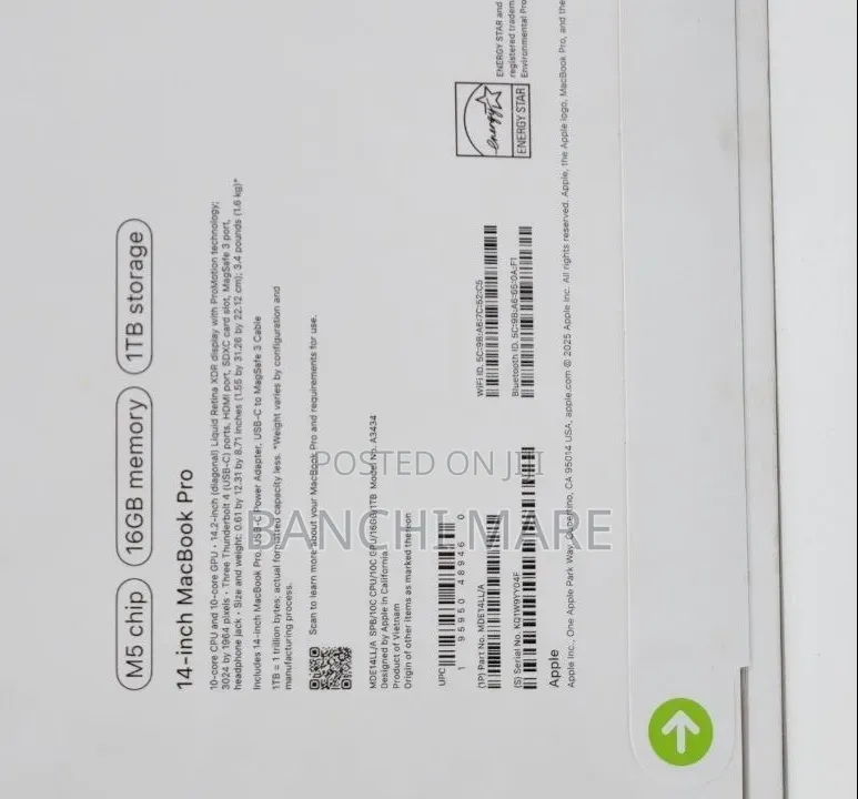 New Laptop Apple MacBook Pro 2025 M5 16GB Apple M5 Pro SSD 1T