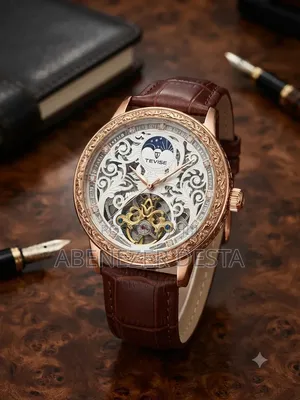 Tevise T890A Watch Rose Gold Skeleton Dial and a Brown Leather