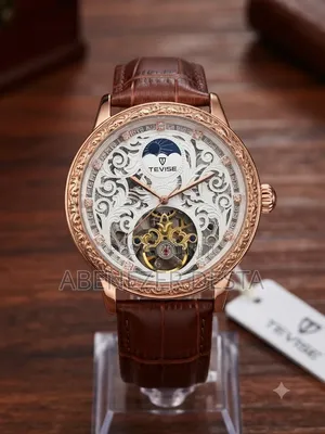 Tevise Mechanical Automatic Watch Rose Gold Case Brown Leather Strap.