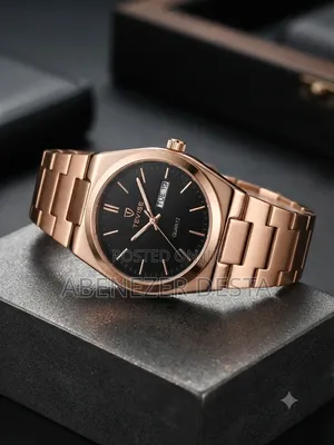 Tevise Quartz Watch Features a Sleek Black Dial With a Rose Gold-Tone