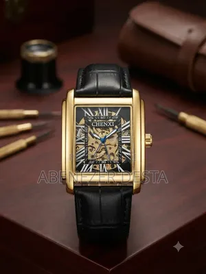 CHENXI Rectangular Wristwatch Gold-Toned Case and a Black Leather