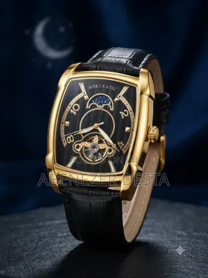Aokulasic Men's Mechanical Watch Black Leather Strap.