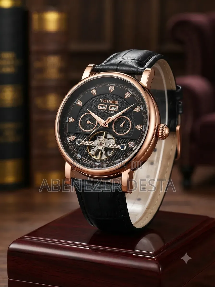 Tevise Men's Automatic Mechanical Skeleton Watc Black Dial and Leather