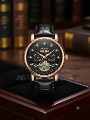 Tevise Men's Automatic Mechanical Skeleton Watc Black Dial and Leather