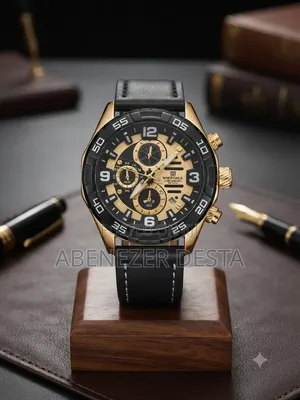 Naviforce Quartz Chronograph Wristwatch Gold-Tone and a Black Leather