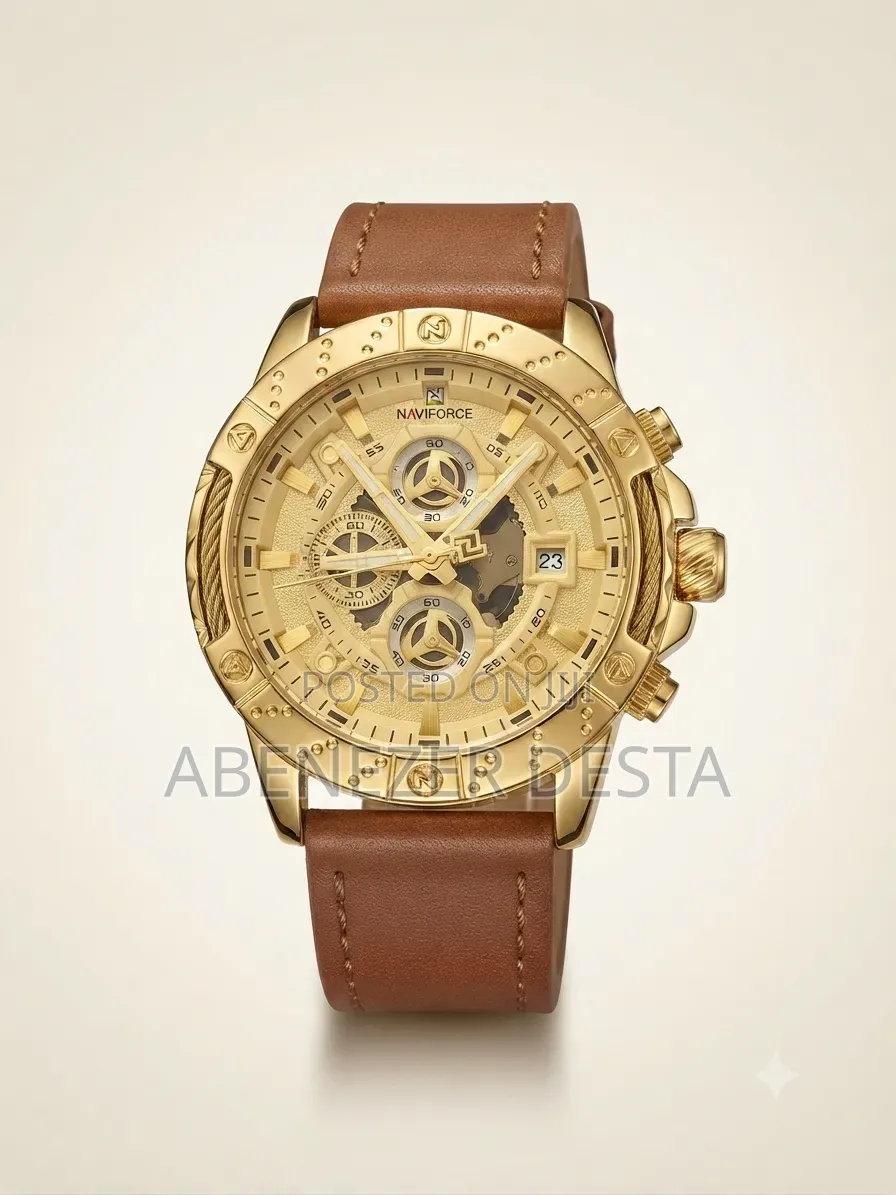 Naviforce NF8055 Quartz Wristwatch, Featuring a Golden Case and Brown