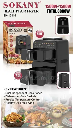  Sokany SK-10116 Double Air Fryer – 12.5L Premium Dual Basket Cooker