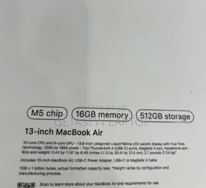 New Laptop Apple MacBook Air 2026 M5 16GB Apple M5 SSD 512GB