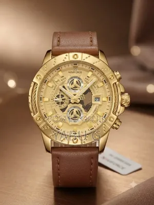 Naviforce Golden Watch With a Light Brown Genuine Leather Strap