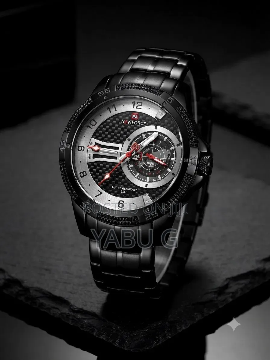 Naviforce Men's Wristwatch Featuring a Prominent Black Stainless Steel