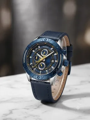 Naviforce Chronograph Wristwatch Featuring a Blue Dial and Blue Lether