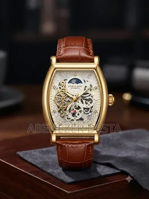 Tonneau-Shaped Aokulasic Skeleton Automatic Watch Brown Leather Strap