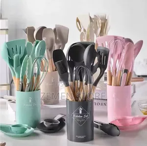 12-Piece Heat-Resistant Silicone Kitchen Utensil Set - Wooden Handles