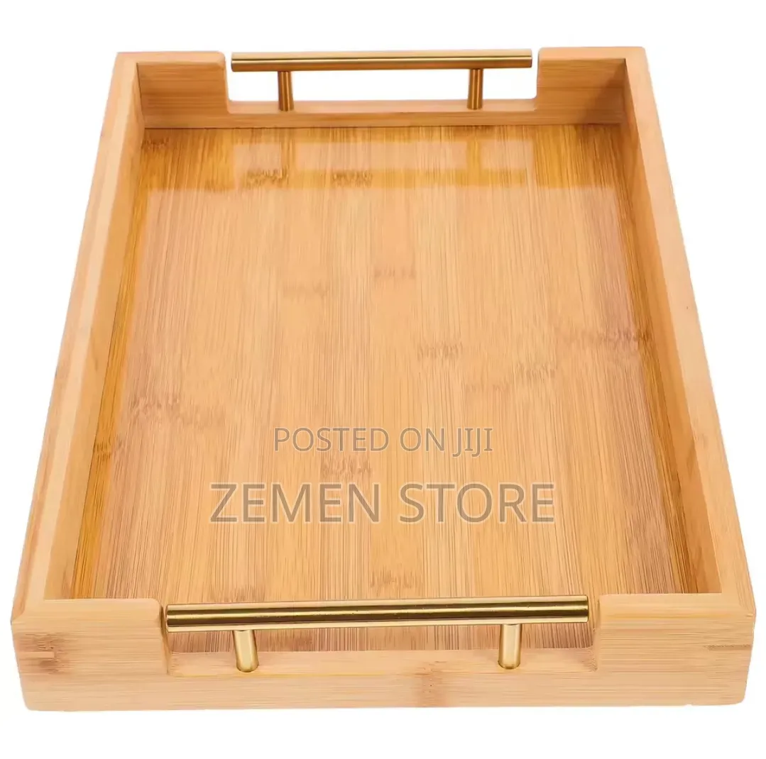 3-Piece Natural Bamboo Serving Tray Set With Gold Metal Handles