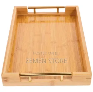 3-Piece Natural Bamboo Serving Tray Set With Gold Metal Handles
