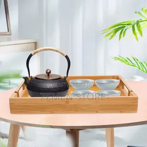 3-Piece Natural Bamboo Serving Tray Set With Gold Metal Handles
