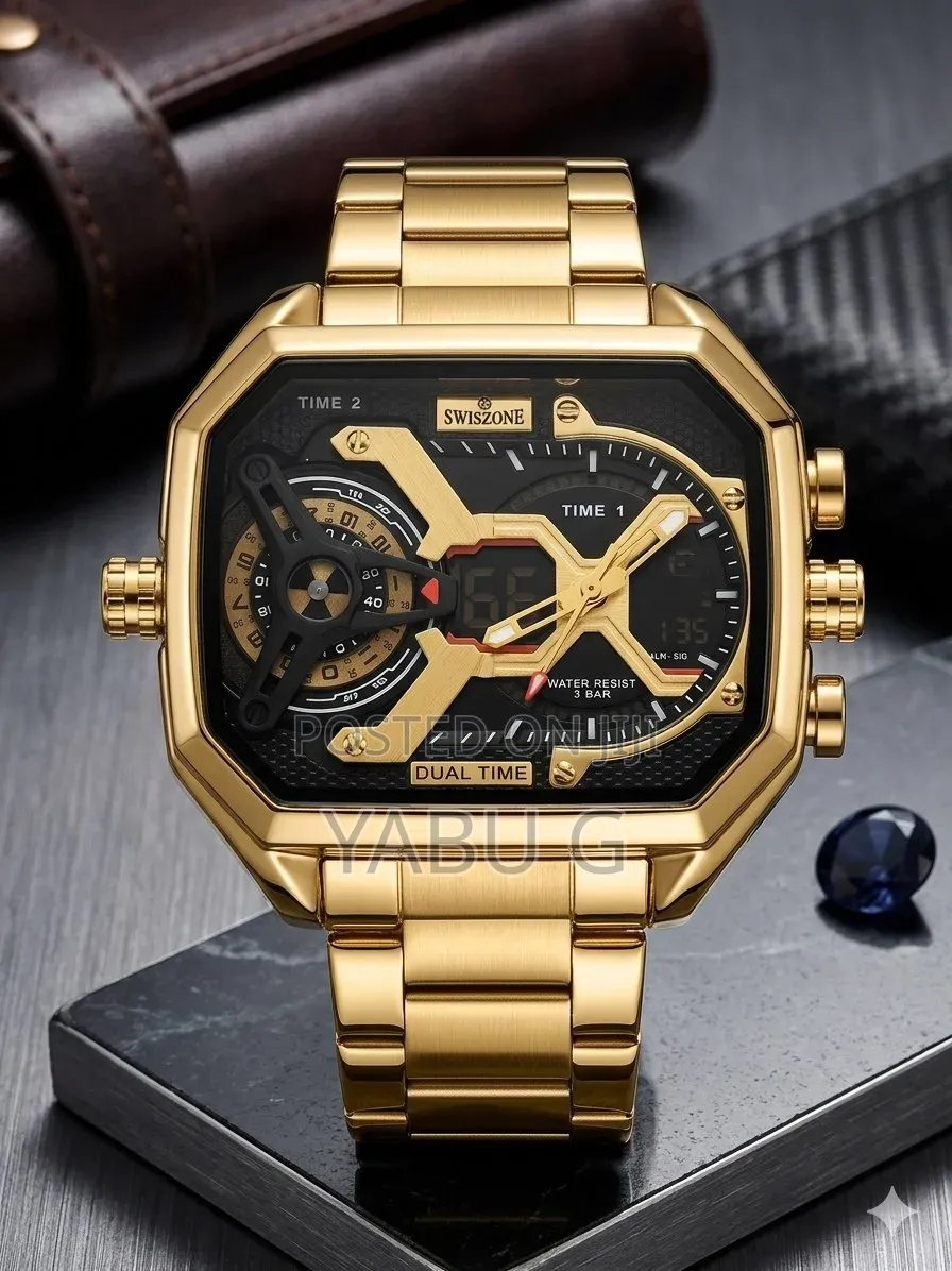 SWISZONE Gold-Toned Watch Features a Prominent Dual-Time Square Dial