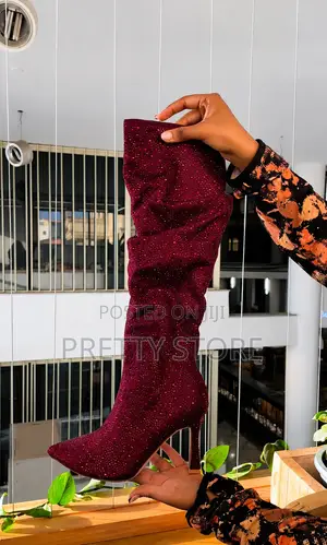 Pointed Toe Rhinestone Wrinkled Burgundy Stiletto Kneehigh Boots