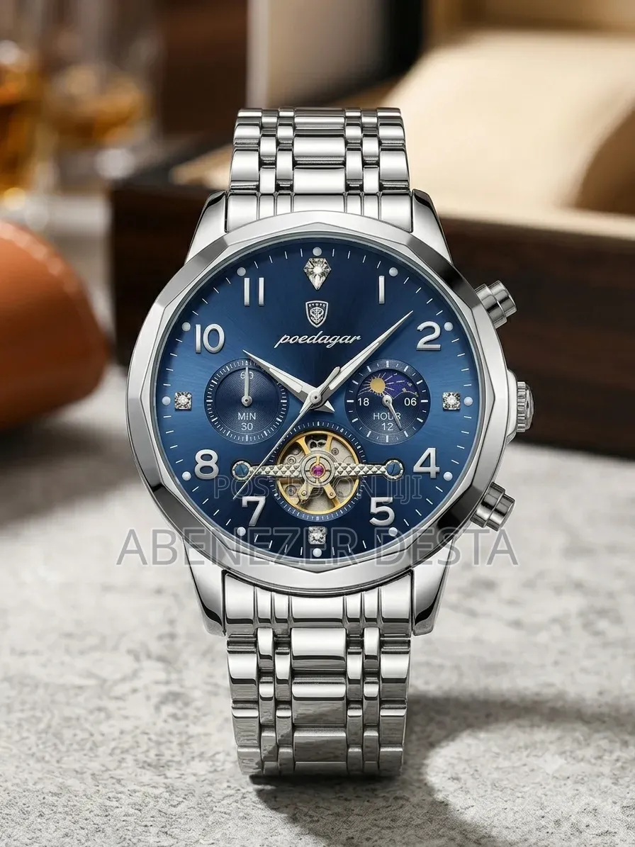 A Poedagar Quartz Analog Watch Featuring a Silver-Tone Stainless Steel