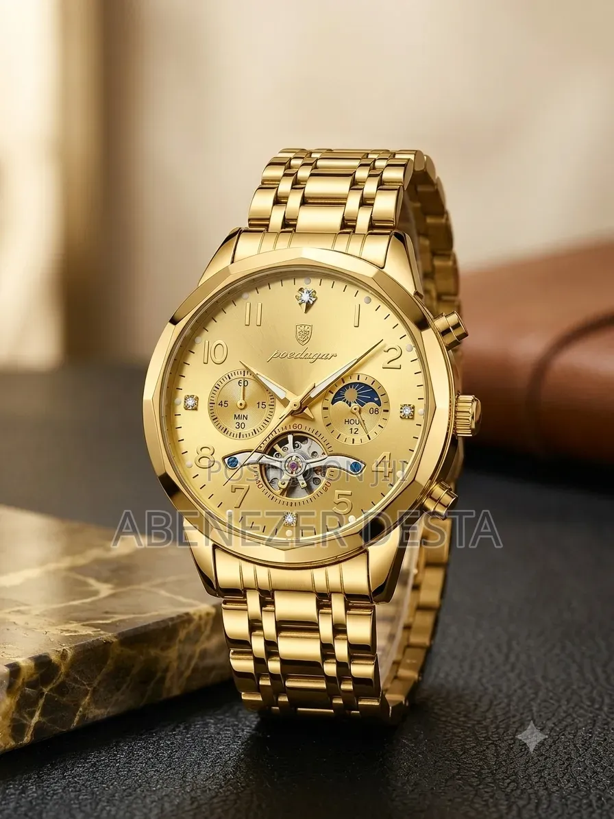 Poedagar Men's Luxury Gold- Toned Quartz Watch Moon Phase Chronograph