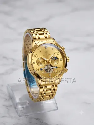 Poedagar Men's Luxury Gold- Toned Quartz Watch Moon Phase Chronograph