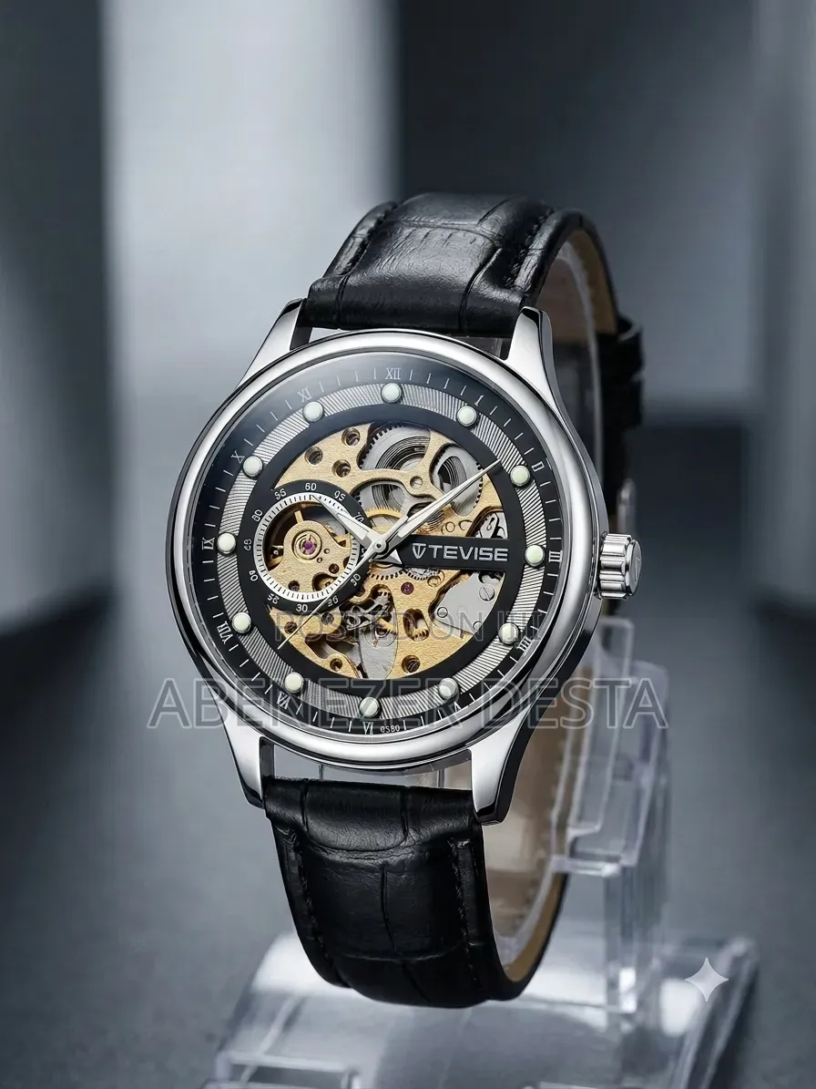 Tevise D836 Automatic Skeleton Watch Silver-Tone and a Black Leather