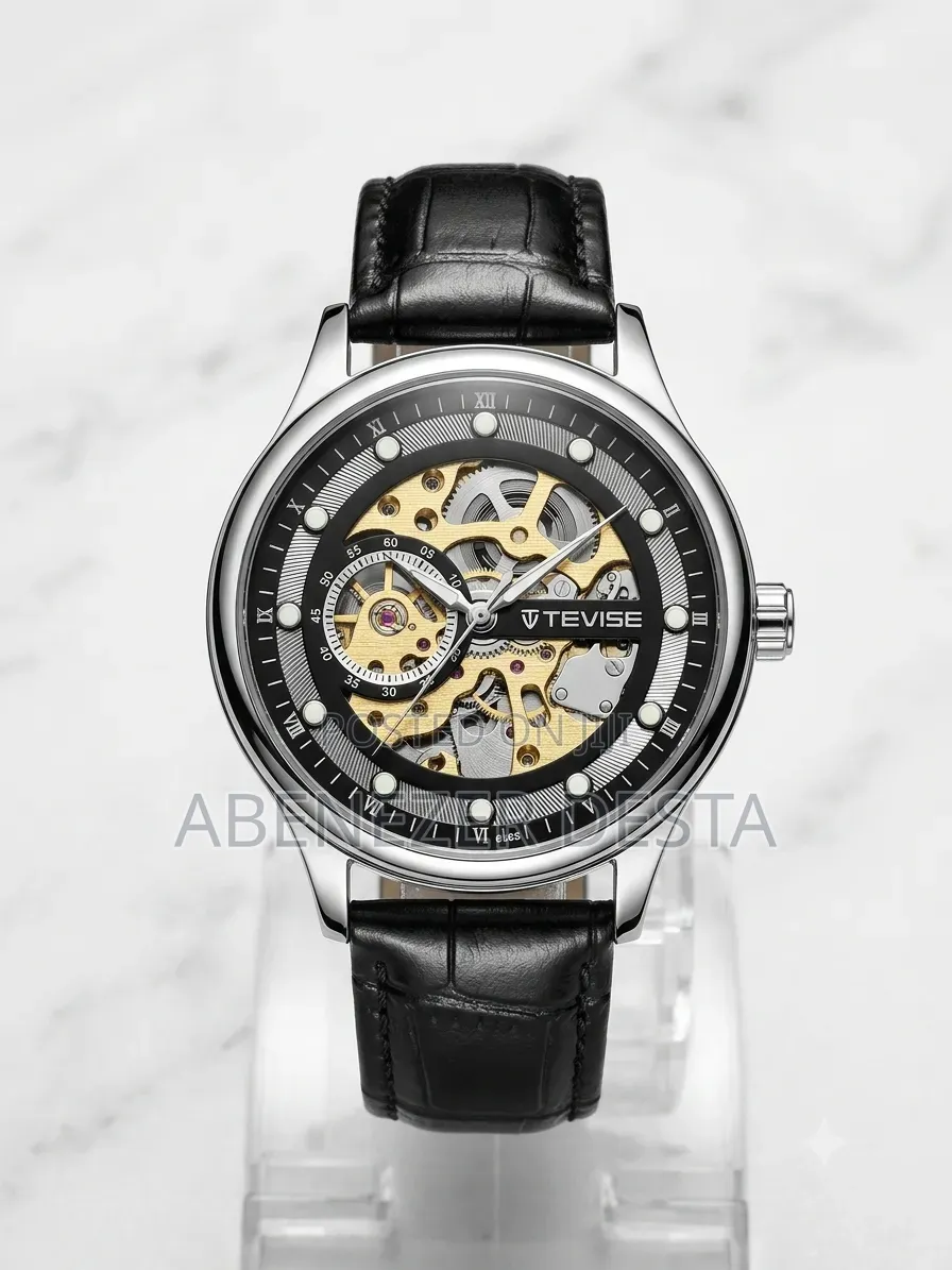 Tevise D836 Automatic Skeleton Watch Silver-Tone and a Black Leather
