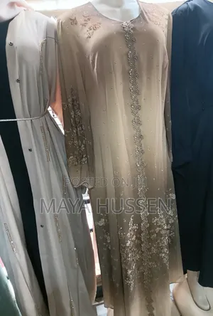 Luxurious Embroidered Champagne Maxi Dress Open-Front Abaya Set