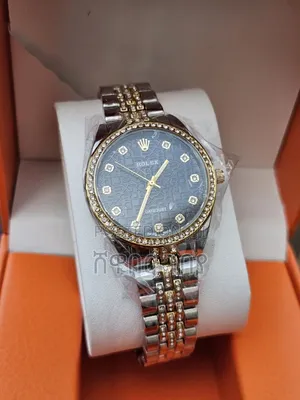 Designer Style Round Watch Blue Logo Dial Crystal Bezel Gold Pavé Band