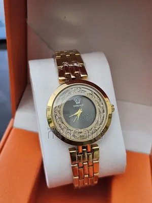 Designer Style Round Watch Grey Dial Crystal Bezel Gold Brik Link Band