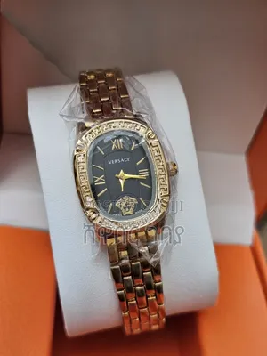 Designer Style Oval Watch Black Dial Greek Key Bezel Gold Brick Link