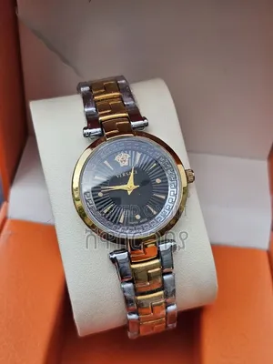 Designer Style Round Watch Grey Sunburst Dial Greek Key Bezel Two Tone