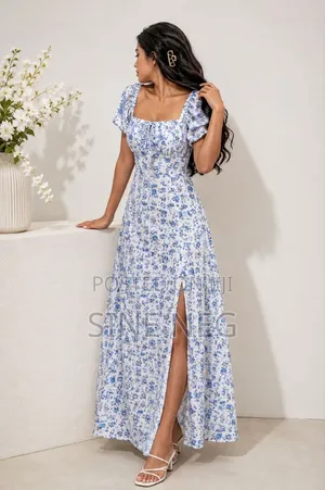 Blue Floral Puff Sleeve Midi Dress