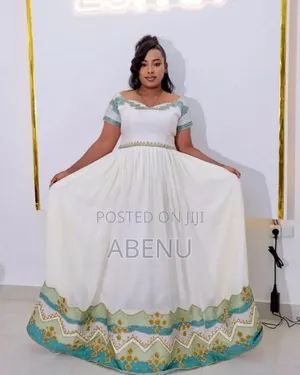 Elegant Ethiopian Habesha Kemis With Traditional Blue Red Tibeb