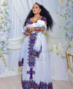 Elegant Ethiopian Habesha Kemis With Traditional Blue Red Tibeb