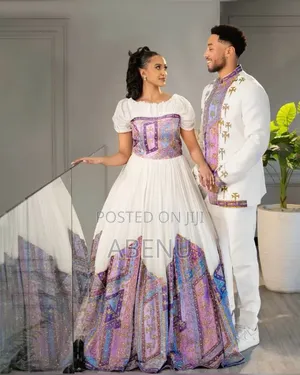 Elegant Ethiopian Habesha Kemis With Traditional Blue Red Tibeb