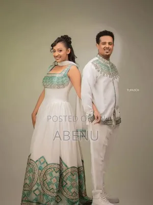 Elegant Ethiopian Traditional Couple Wear | White Mint Green Habesha
