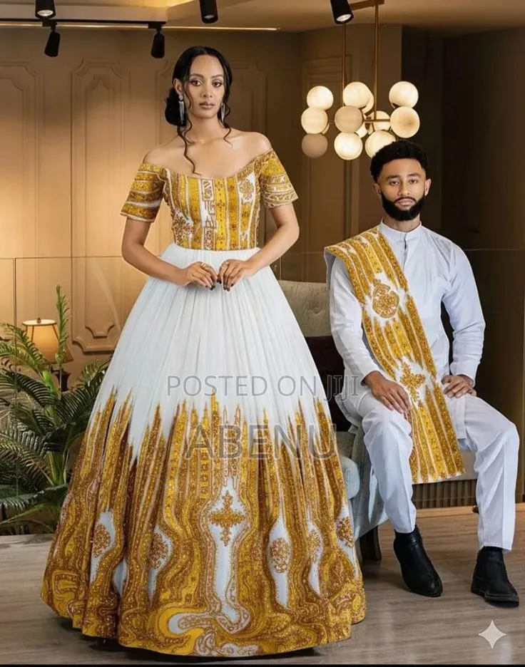 Elegant Ethiopian Traditional Couple Wear | White Mint Green Habtesh