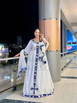 Elegant White Blue Habesha Kemis – Ethiopian Traditional Dress