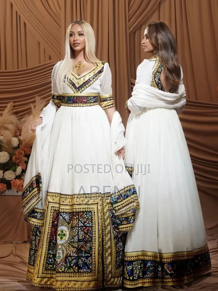 Elegant White Blue Habesha Kemis – Ethiopian Traditional Dress