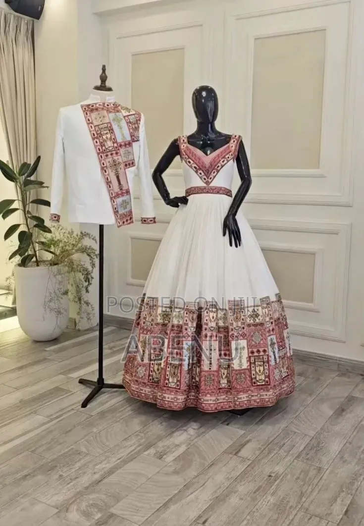 Elegant White Silver Habesha Kemis With Timeless Embroidery